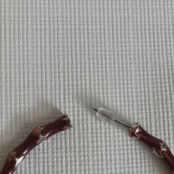 Dark Brown Enamel & Silver Toned Bamboo Style Thin Metal Hoop Fashion Earrings - Picture 7 of 8